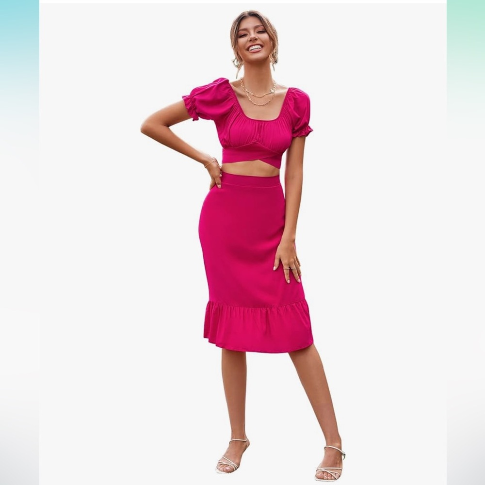 NEW LYANER Women's 2 Piece Outfits Self Tie Knot Crop Top & Midi Skirt Set Large